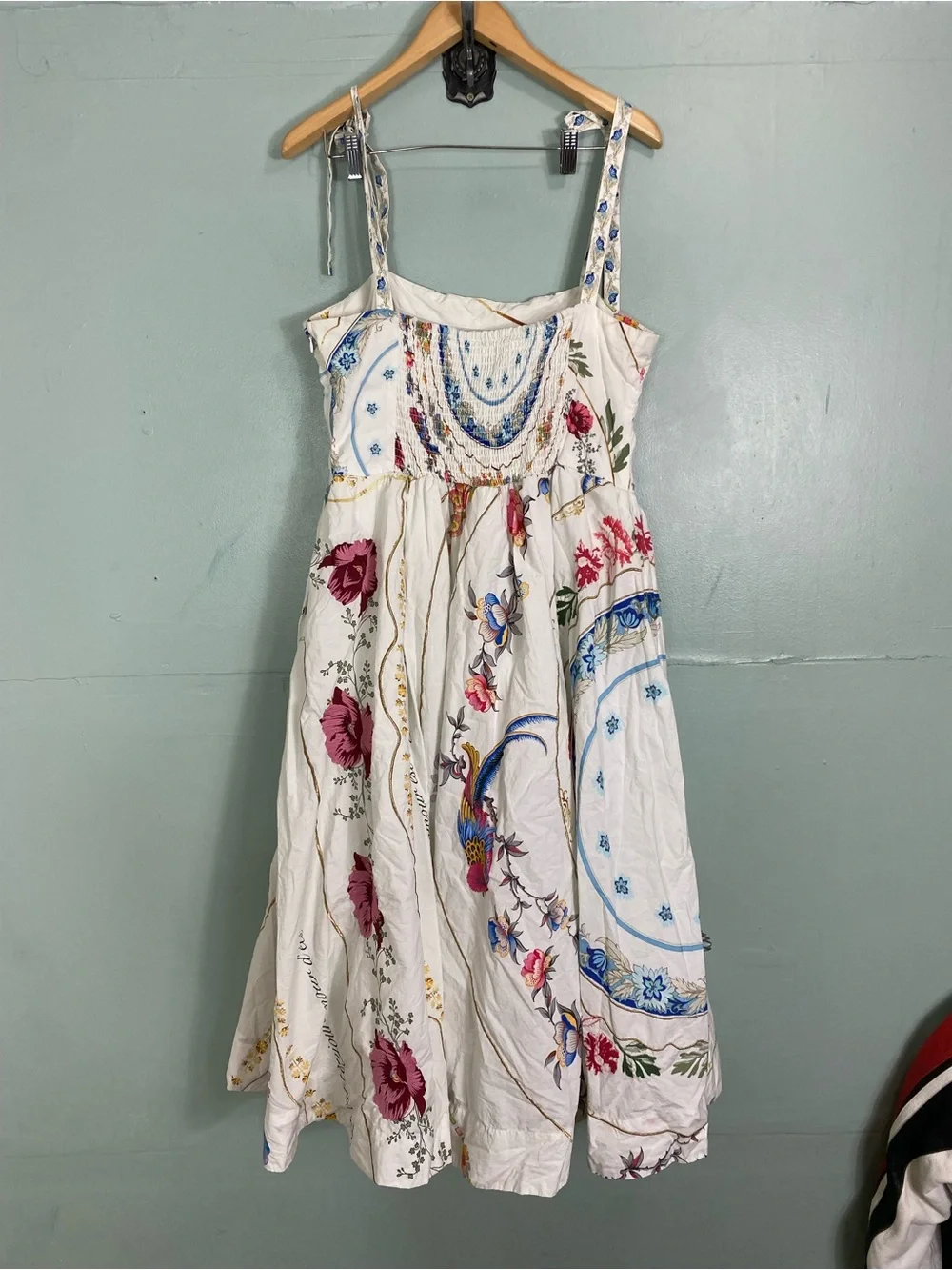 Anthropologie Tie Strap Printed Midi Dress Floral Sundress Birds Large - Picture 9 of 13